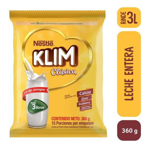 Leche Klim Entera Instantánea Fortificada Bolsa 360g