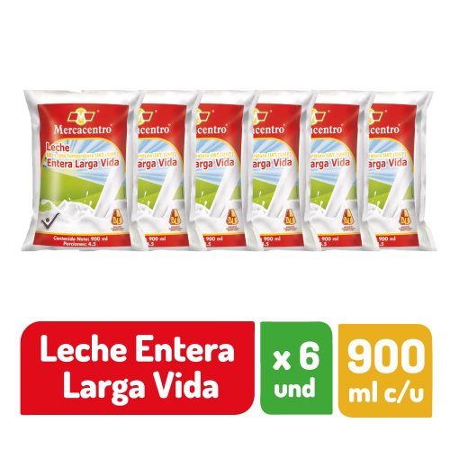 Leche Mercacentro Larga Vida Entera sixpack 900 ml