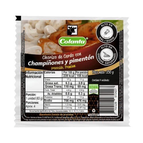Chorizo Colanta Champinones Y Pimenton Cerdo x 250 g