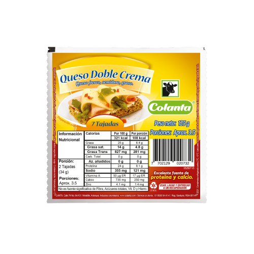Queso Colanta Doblecrema Tajado x 125 g