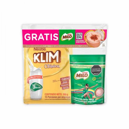 Leche Klim Clásica Oferta x 360 g Gratis Milo x 100 g