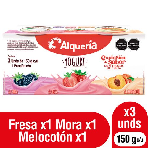 Yogurt Alquería Melocotón Fresa Mora Vaso 3 und x 150 g c/u