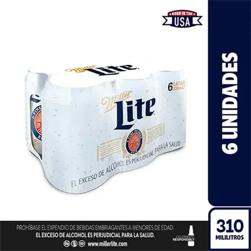 Cerveza Miller Lite Lata Sixpack 6 und x 310 ml c/u
