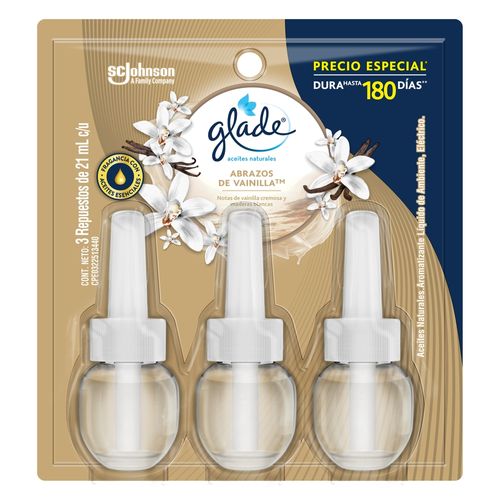 Glade ambientador aceites naturales abrazos de vainilla 3 repuestos, 63 ml
