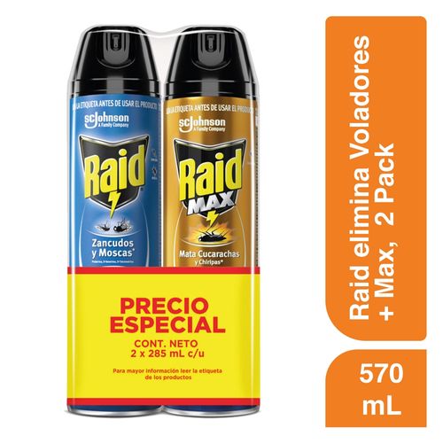 Raid Insecticida Aerosol Mata Insectos Voladores + Rastreros, 2 unidades,  570ml