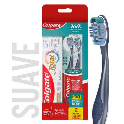 Pack Cepillo de Dientes Colgate 360 x2 + Crema Dental Colagte Total Original mint