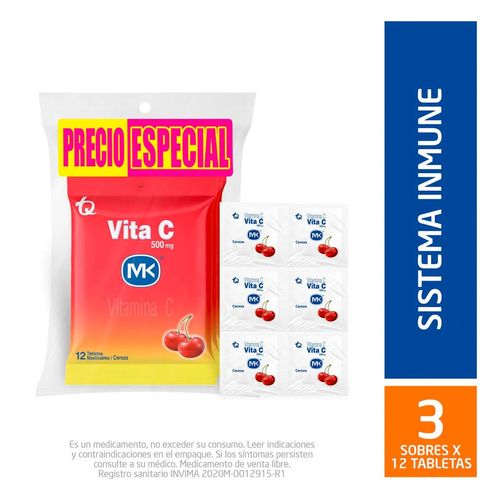 Vitamina C MK Masticable Cereza 3 Sobres x 12 und c/u