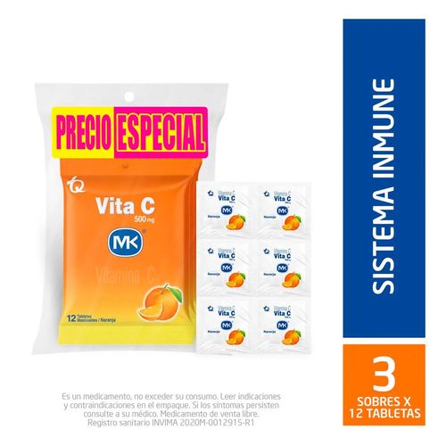 Vitamina C MK Masticable Naranja 3 Sobres x 12 und c/u